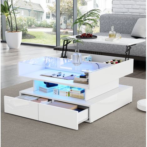 Tavolo da caffè in truciolare bianco 80 x 80 cm alzabile con LED, vetro temperato e 2 cassetti (1/5)
