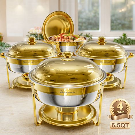 6.5QT Chafing Dish Buffet Set 4 Pack Round Food Warmer with Lid Holder Stackable Rolled Rim Food Grade Stainless Steel Chafer for Parties Weddings Banquets (1/5)