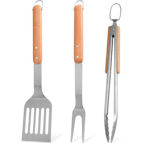 Questo set di posate per barbecue è dotato di accessori robusti e resistenti in acciaio inossidabile, tra cui pinze per barbecue, una spatola per barbecue e una forchetta per carne, tutte con lunghi m