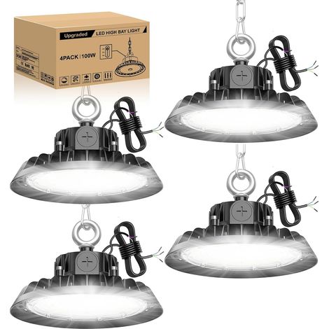 4 pack UFO 100W LED High Bay Projecteur Garage Light 17000LM LED Éclairage pour Atelier Dimmable 60W/80W/100W Éclairage Lampe Industrielle IP65 Étanche Plafond 120° pour Atelier Entrepôt (1/5)