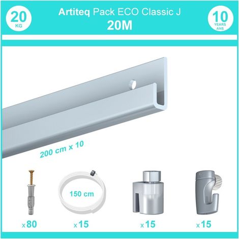 Pack complet 20 mètres cimaise Classic J couleur Aluminium - Suspension et déplacement facile de cadres et tableaux (1/5)