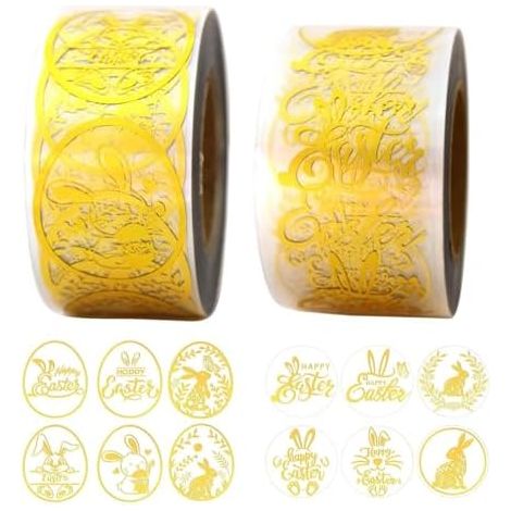 Lot de 1000 autocollants de Pâques dorés - 2,5 cm - Rouleau d'autocollants de lapin - 10 designs - Happy Easter - Pour cadeaux de fête de Pâques - Scrapbooking (1/5)