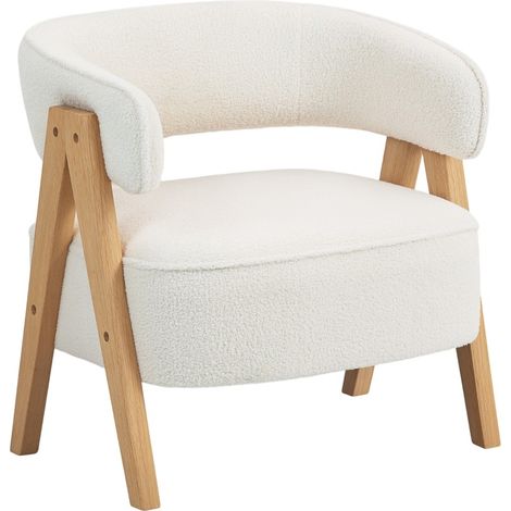 Moderner gepolsterter Sessel aus weißem Fleece mit Holzbeinen und Metallrahmen (1/5)