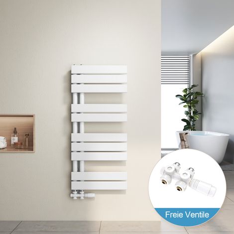 Heilmetz Radiador de Baño y Multiblock set Calentador Secatoallas Calentador de Toallas Blanco 90x40cm + Blanco Válvula
