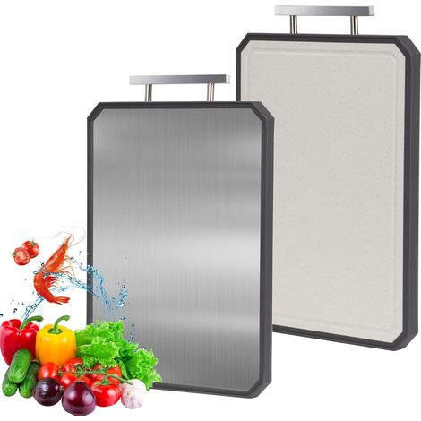 Tabla de cortar de acero inoxidable para cocina, 2 en 1, de doble cara, apta para uso alimentario, ideal para carne, pan, verduras y frutas, gran superficie de corte (42 x 29 cm)