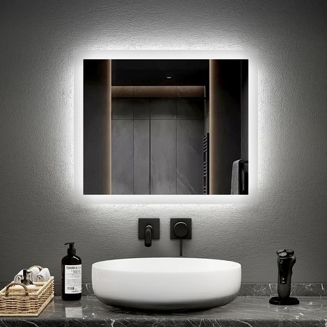 EMKE LED Wandspiegel mit Anti-Beschlag 50x60cm Mechanischem Schalter Kaltweiß Warmweiß mit Satinierter Rand