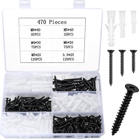 470 Pcs Screw and Dowel Kit, M4 M5 M6 M8 Concrete Dowel and Concrete Screws, Expansion Plugs and Countersunk Head Self Tapping Screws, Screws Dowels for Hollow Drywall Plaster Plates (1/5)