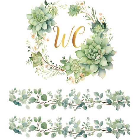 Sticker mural, motif fleurs d'eucalyptus, vert et autocollant, en PVC, pour abattant de WC et meuble de salle de bain, porte, panneau décoratif amovible (1/5)
