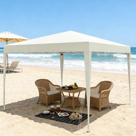 Gazebo pieghevole 3x3 m, regolabile in altezza, con borsa per il trasporto, tetto in tessuto Oxford 210D impermeabile di colore giallo chiaro. (1/5)