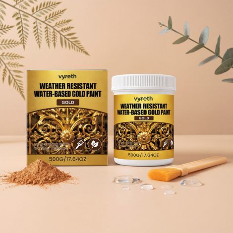 Peinture dorée métallisée à base d'eau, résistante aux intempéries, pour la décoration de surfaces à base d'eau, conserve sa brillance, facile à appliquer et à utiliser – 500 g + pinceau 1 (1/5)