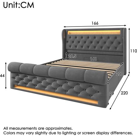 Lit double 160x200cm, sommier capitonné lumineux LED, tête de lit avec rangement et ports USB-C, coffre de rangement hydraulique, gris velours, matelas inclus