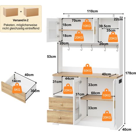 Meuble de rangement cuisine 178 cm, placard haut lumineux LED, étagère avec alimentation électrique, buffet vitré en verre sécurisé, porte-bouteilles, blanc finition bois robuste (1/5)