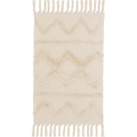 Tapis rectangulaire - JUANIO - Tissage plat imprimé avec pompons - Beige - 50% Coton/50% Polyester - 80 x 50 cm (1/3)
