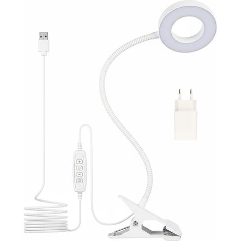 Lampe De Lecture - Bras Articulé 50 Cm - 3 Modes Lumineux Et 10 Niveaux De Luminosité - Fixation Par Pince - Rechargeable USB - Blanc