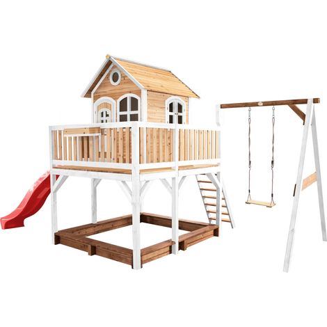 Axi Liam Maison Enfant Avec Bac À Sable, Balançoire & Toboggan Rouge Aire De Jeux Pour L'Extérieur En Marron & Blanc Maisonnette / Cabane De Jeu En Bois Fsc