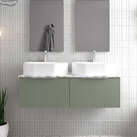 Hudson Reed Fluted Wall Hung 2-Drawer Vanity Unit with Carrera Marble Worktop 1200mm Wide - Satin Green (1/4)