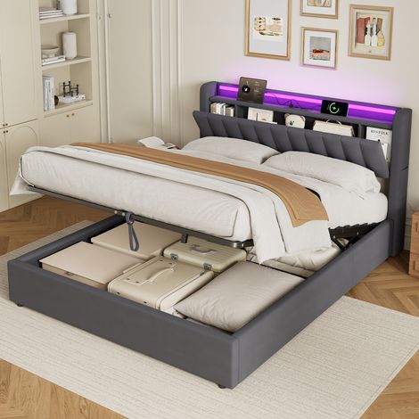 Letto imbottito 160x200 cm grigio scuro con contenitore, USB e LED HAVRYA (1/5)