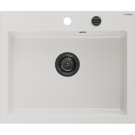 Mexen Elix Granitspüle 1-beckig 600 x 500 mm, weiß, schwarzer Siphon - 6525601005-20-B