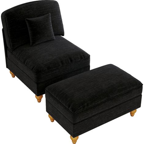 Sillón lounge de chenilla negro con faldón desmontable, patas de madera y otomana móvil (1/5)