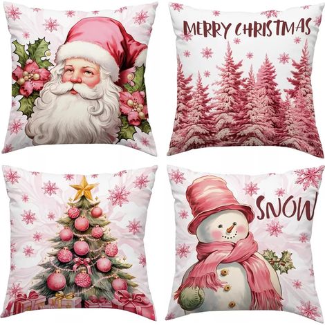 Lot de 4 housses de coussin, microfibre de polyester, motif Noël rose, fermeture éclair invisible, décoration salon (1/5)