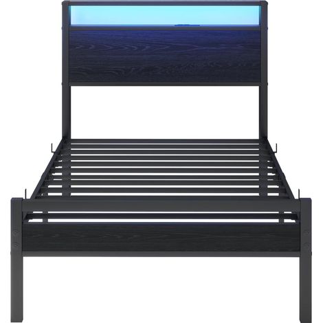 Cama 90x200 de metal con almacenaje, puerto USB-C, LED y cabecero, negro (1/5)