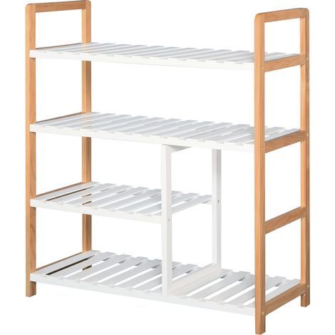 Schuhregal – Aufbewahrungsschrank – 4-stöckiger Schuhschrank, Kiefernholz, weiße MDF-Lamellenregale (1/5)