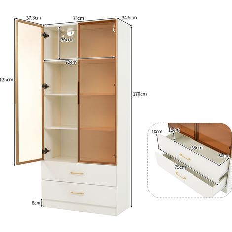 Meuble de salle de bain moyen, 75 cm, avec éclairage LED, 2 grands tiroirs et 2 portes dont une vitrée (1/5)