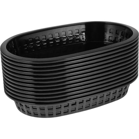 Lot de 12 paniers à pain ovales noirs en plastique pour hamburgers, hot-dogs, sandwichs, frites, service de charcuterie