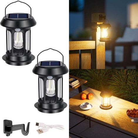 Lot de 2 lampes solaires d'extérieur à suspendre - Avec ampoule LED et détecteur de mouvement - Étanche IP65 - Avec poignées - Pour camping, terrasse, pelouse, cour [Classe énergétique A] (1/5)