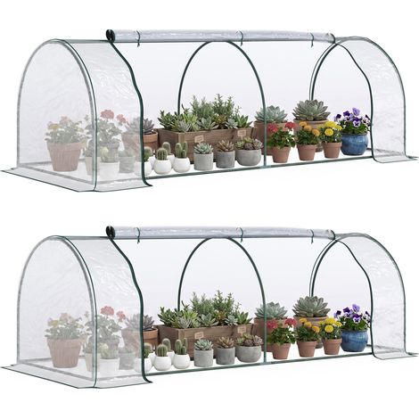 Lot de 2 mini-serres tunnels - serre à tomates - Outsunny - grande porte zippée bâche plastique - PVC - 250x100x80cm - transparent (1/5)