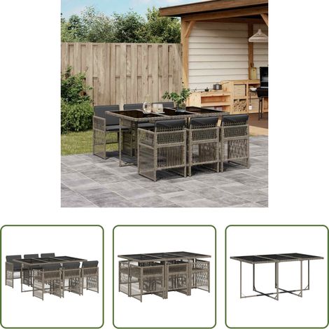 vidaXL Gartenstuhl -  7-tlg. Garten-Essgruppe mit Kissen Grau Poly Rattan (1/5)