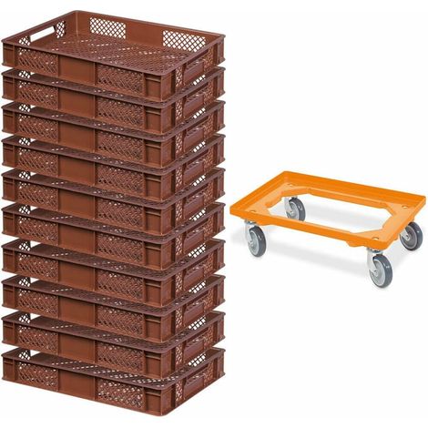 BRB Lot de 10 boîtes à euro, L x l x H : 600 x 400 x 90 mm, qualité industrielle, convient à un usage alimentaire + 1 roulette de transport (marron/orange)