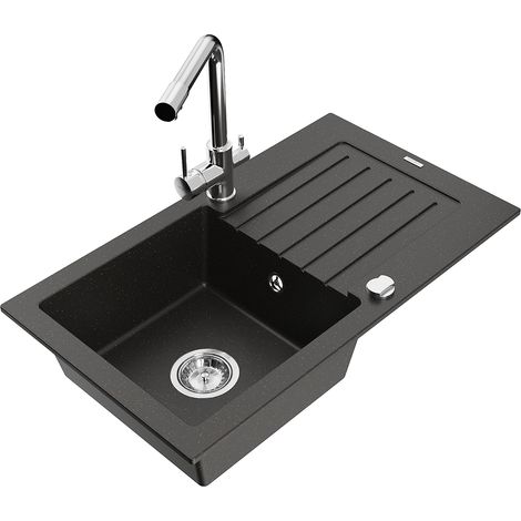 Mexen Pablo 1 Becken-Granitspüle mit Abtropffläche und Mischbatterie Duero, Schwarz/Gold metallisch (1/5)