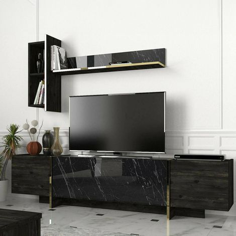 Dmora - Mueble de televisión Dpascutt, Aparador de salón, Mueble bajo para TV, Base de pared equipada, 180x32h45 cm, Negro y Oro (1/5)