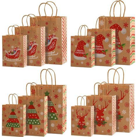 Pochette Cadeau Noël, 12 Pcs Sac Papier Kraft avec Poignée, Grande Pochette Kraft Noel, 3 Différentes Tailles Sac Cadeaux Sachet Bonbons Anniversaire pour Noël, Fête Du Thé, Mariage et Fêt (1/5)