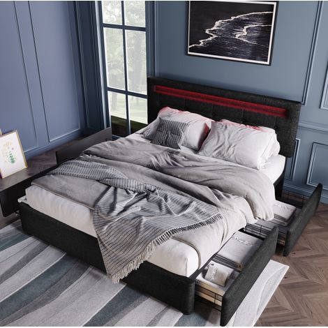 Letto matrimoniale imbottito 140x200 cm con LED, 4 cassetti, testiera regolabile, rete a doghe in legno, lino nero (1/5)