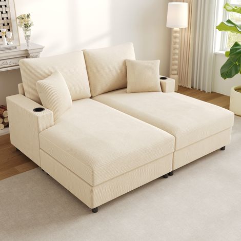Divano letto 2 posti con funzione letto, porta telefono, USB, portabicchieri, beige (1/5)