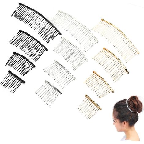 12pcs (3couleurs, 4tailles) Peigne Chignon Voile Peignes À Cheveux Mariage En Métal Cheveux Mariage Voile Côté peigne Decoratif Pour Femme,Accessoires De Peigne Mariée (1/5)