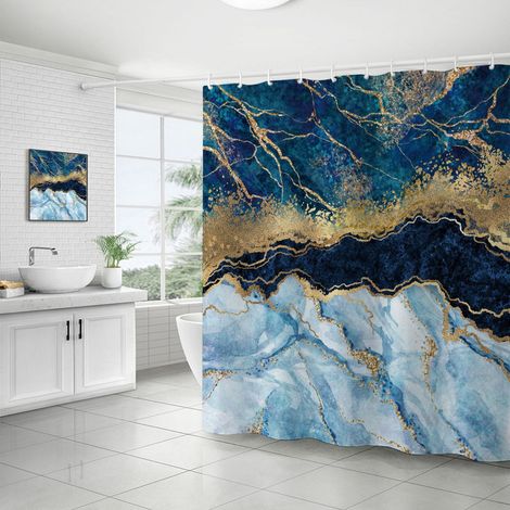 Waterproof marble pattern shower curtain – 180×180 cm – moisture-resistant washable fabric – blue (1/5)