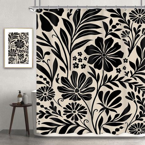 Rideau de douche noir Matisse Fleur 152,4 x 182,9 cm (l x H) Motif floral abstrait vintage bohème Feuilles de plantes Rideau de douche rétro beige Ensemble de salle de bain moderne tendance (1/5)