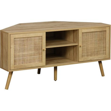 Meuble TV d'angle en décor bois et cannage. 2 portes. 1 étagère. 115cm (1/5)