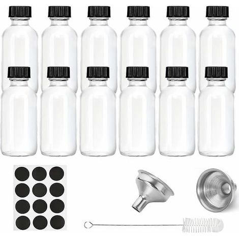Ecleanfy - Lot de 12 bouteilles en verre avec couvercles et 2 entonnoirs en acier inoxydable, 60 ml (2 oz), petites bouteilles en verre transparent pour boissons, jus, produits de bien-être, shots de (1/5)