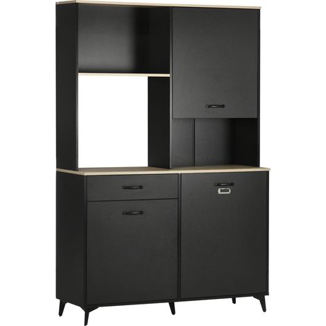 Credenza alta dal design industriale con molteplici opzioni di contenimento: 3 ante con ripiano, cassetto, nicchia, ampio piano superiore - in metallo nero.