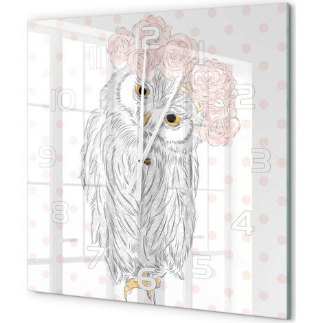 Grande Horloge Murale Carrée Originale Verre Trempé Décoration Maison Moderne Hibou dans une couronne 60x60 cm (1/5)