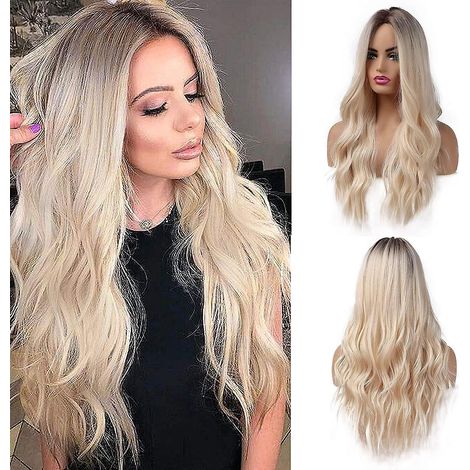 un Dgrad D'or Brun 26 Pouces De Long Perruques Blondes Pour Femmes Cheveux Synthtiques Naturels Ombre Blonde Perruque Avec Des Racines Fonces Perr
