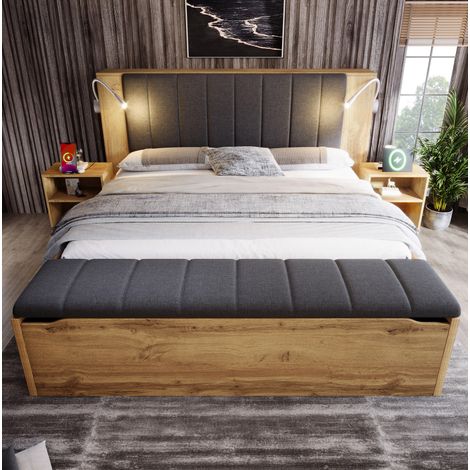Letto matrimoniale 180x200 cm rovere in MDF e metallo con testiera reclinabile, USB, comodini e panca contenitore (1/5)