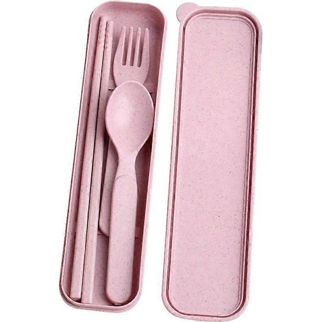 Ensemble de 3 pièces (cuillère et baguettes en paille de blé) avec étui rose, idéal pour les voyages. (1/5)