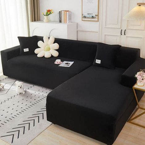1 housse 2 places + 1 housse 3 places, velours doux, housse de canapé extensible, noir, pour salon moderne (1/4)