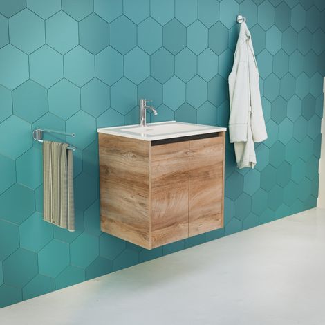 Inda - Meuble de salle de bain L.60 avec vasque brillante / Chêne (1/5)