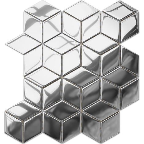 Mosaïque en verre sur filet pour salle de bain et cuisine 26.5cm x 30.5cm - Silver Geometric Cubes (1/5)